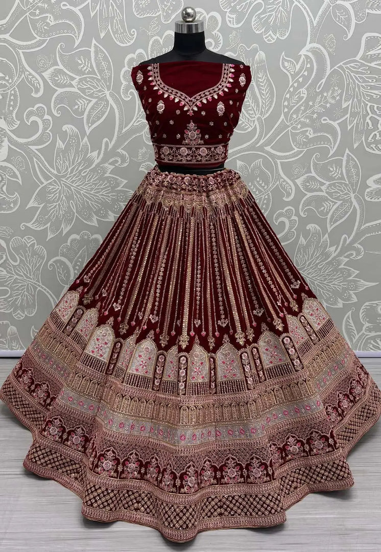 Maroon Velvet Bridal Lehenga Choli