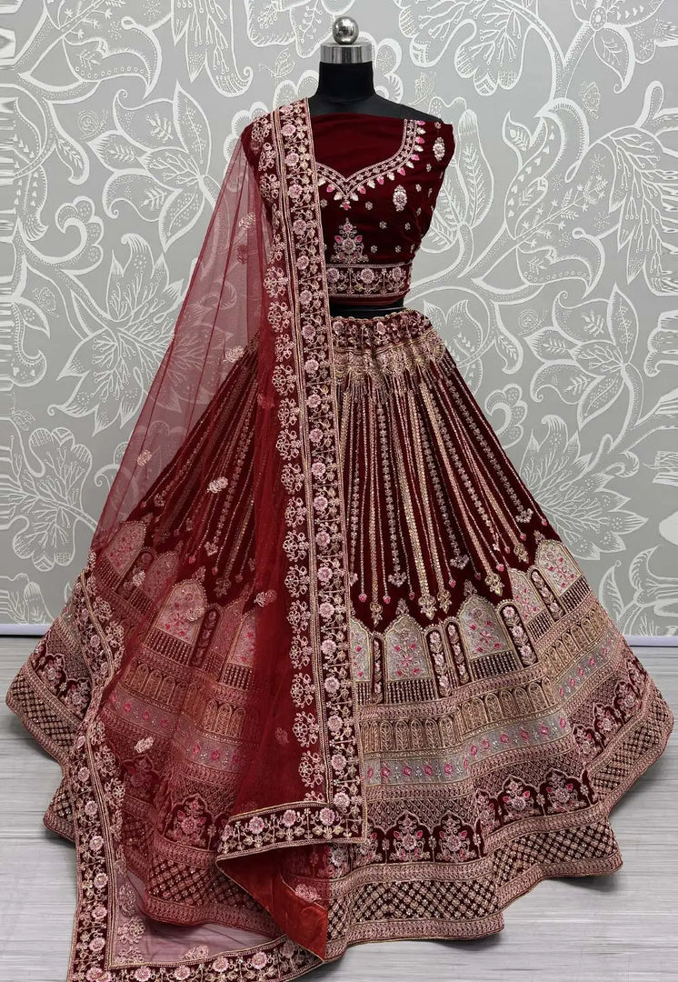 Maroon Velvet Bridal Lehenga Choli