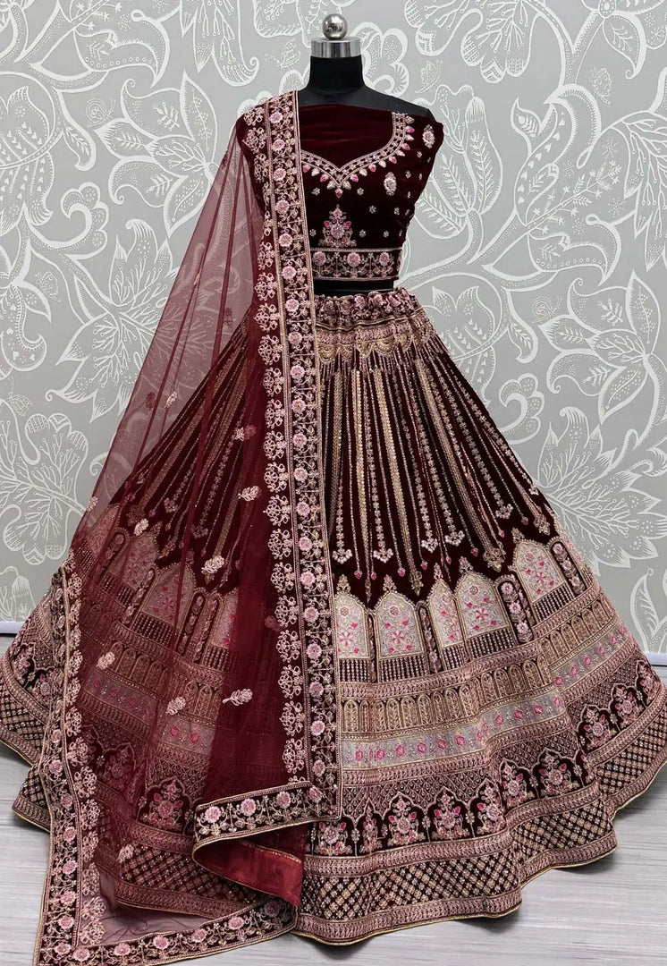 Maroon Velvet Bridal Lehenga Choli