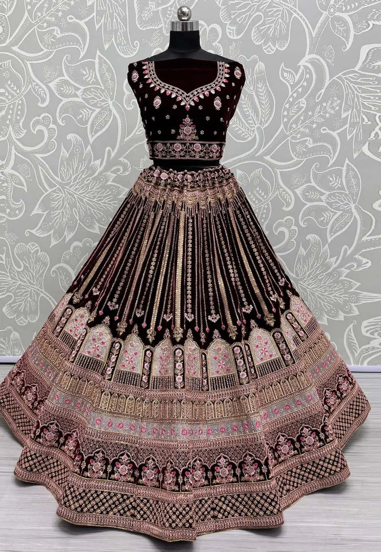 Maroon Velvet Bridal Lehenga Choli