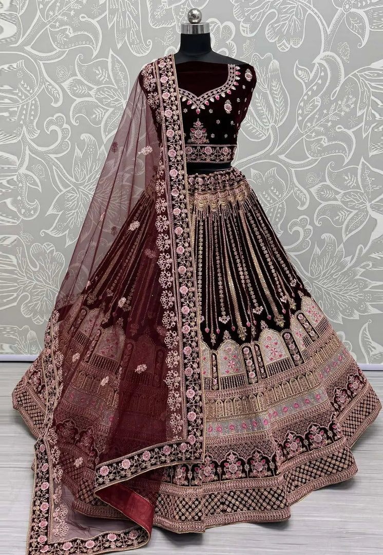 Maroon Velvet Bridal Lehenga Choli