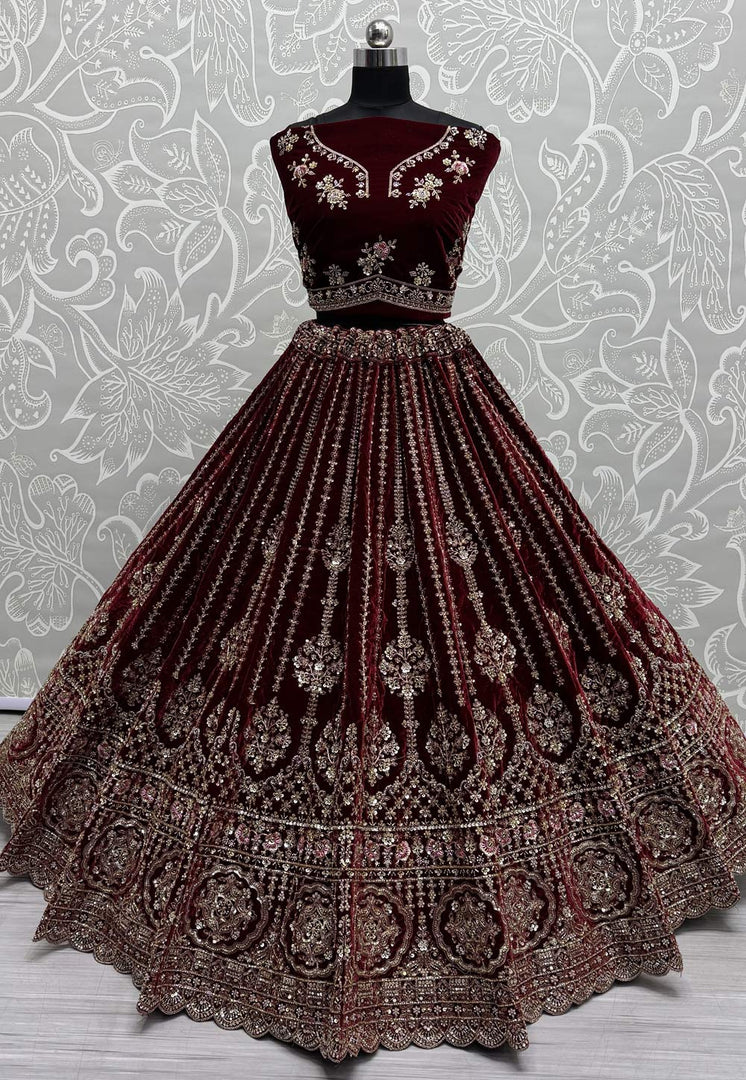 Maroon Velvet Bridal Lehenga Choli