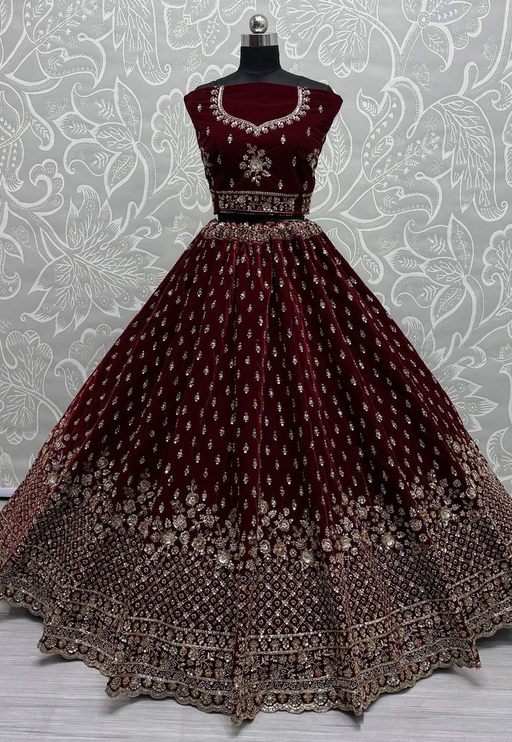 Maroon Velvet Bridal Lehenga Choli