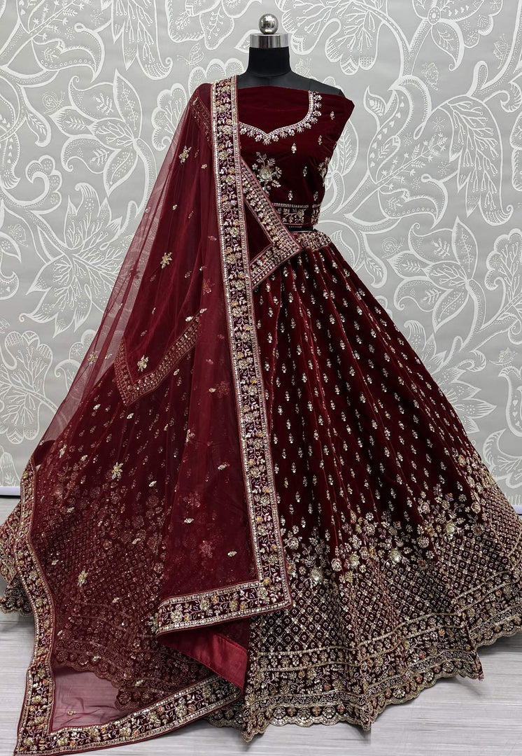 Maroon Velvet Bridal Lehenga Choli