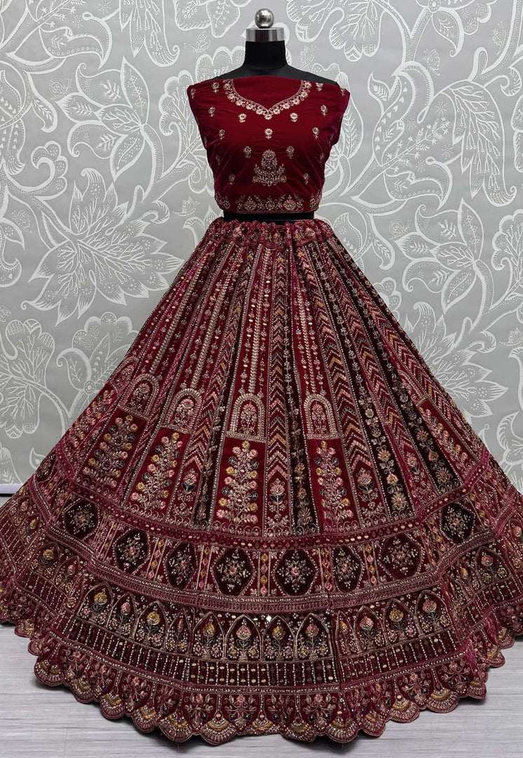 Maroon Velvet Bridal Lehenga Choli