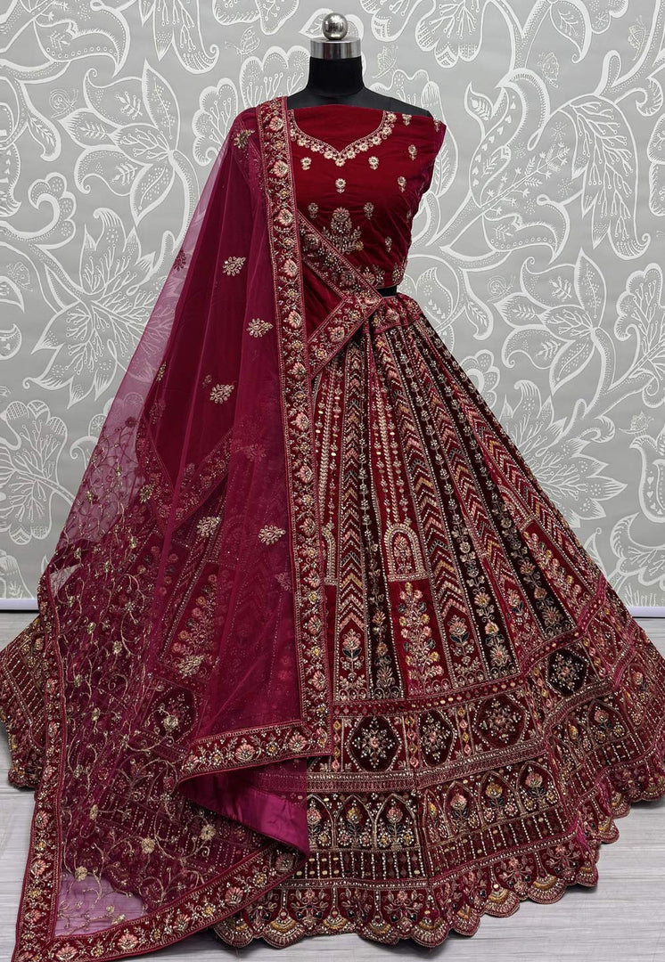 Maroon Velvet Bridal Lehenga Choli
