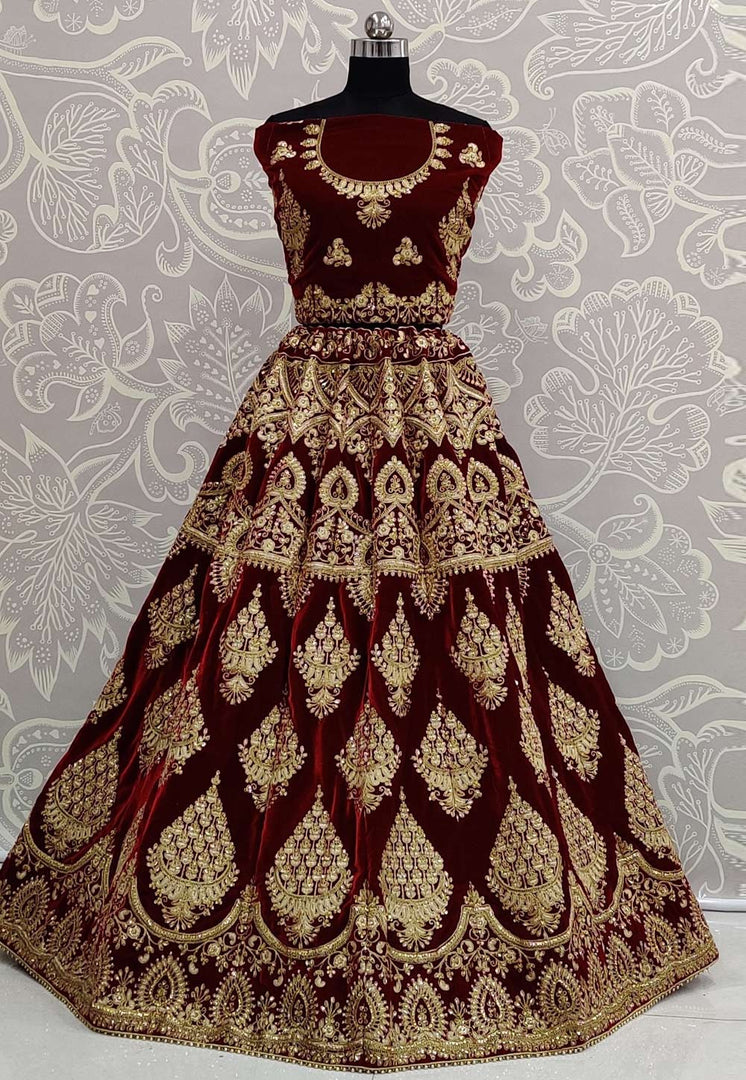 Maroon Velvet Bridal Lehenga Choli