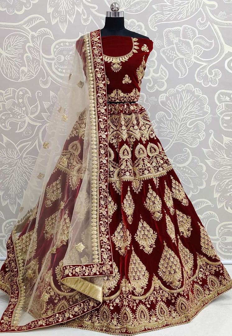 Maroon Velvet Bridal Lehenga Choli