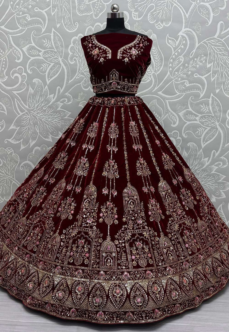 Maroon Velvet Bridal Lehenga Choli