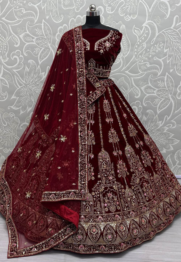 Maroon Velvet Bridal Lehenga Choli