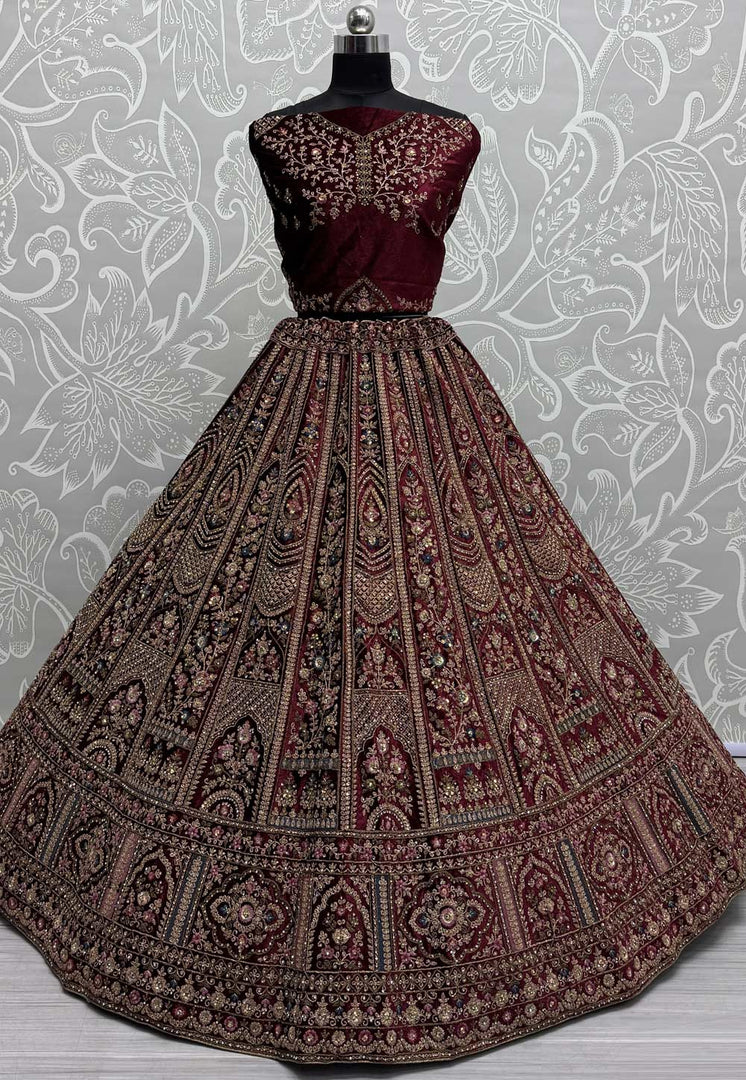 Maroon Velvet Bridal Lehenga Choli