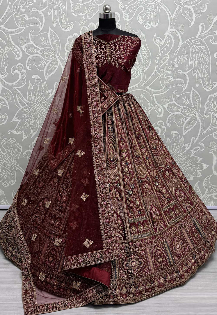 Maroon Velvet Bridal Lehenga Choli