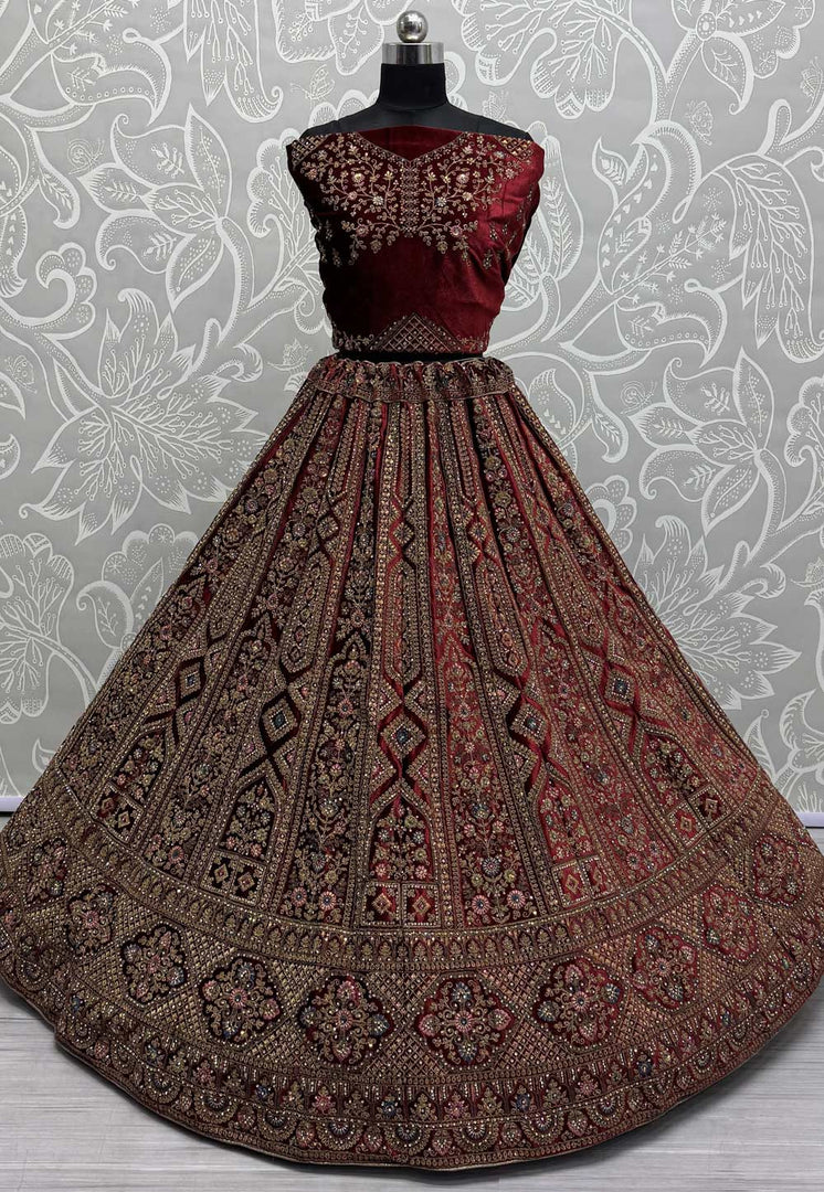 Maroon Velvet Bridal Lehenga Choli