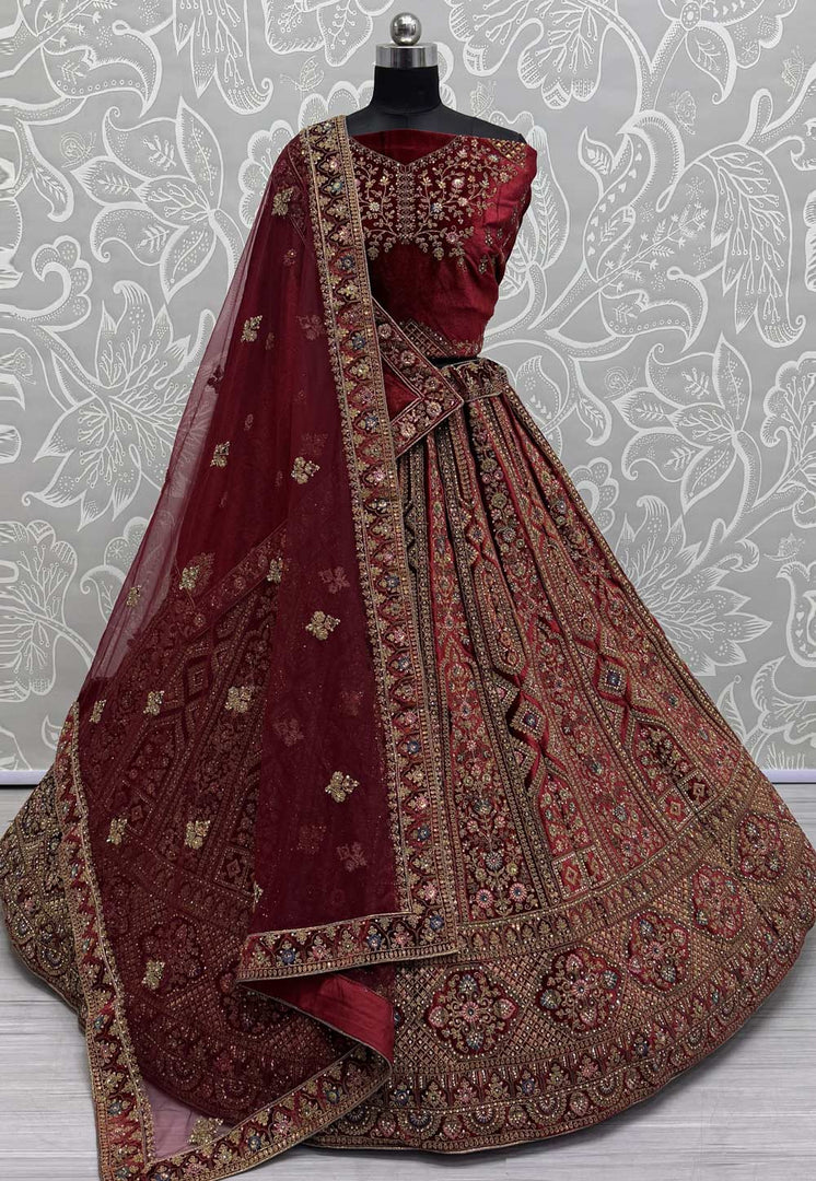 Maroon Velvet Bridal Lehenga Choli