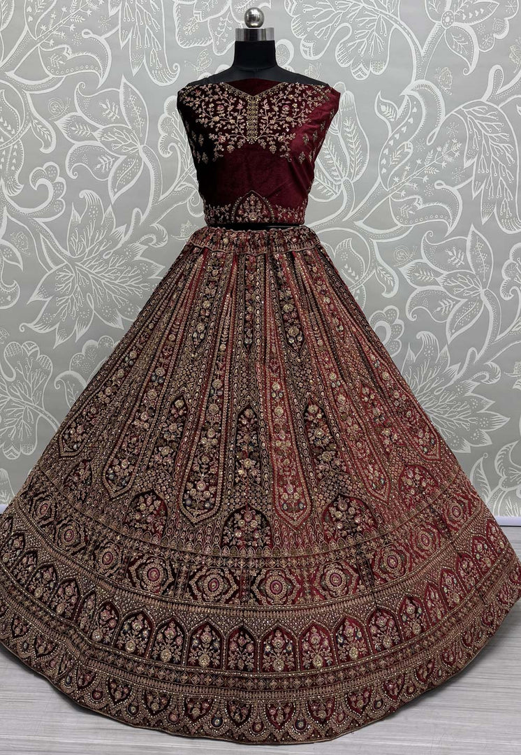 Maroon Velvet Bridal Lehenga Choli