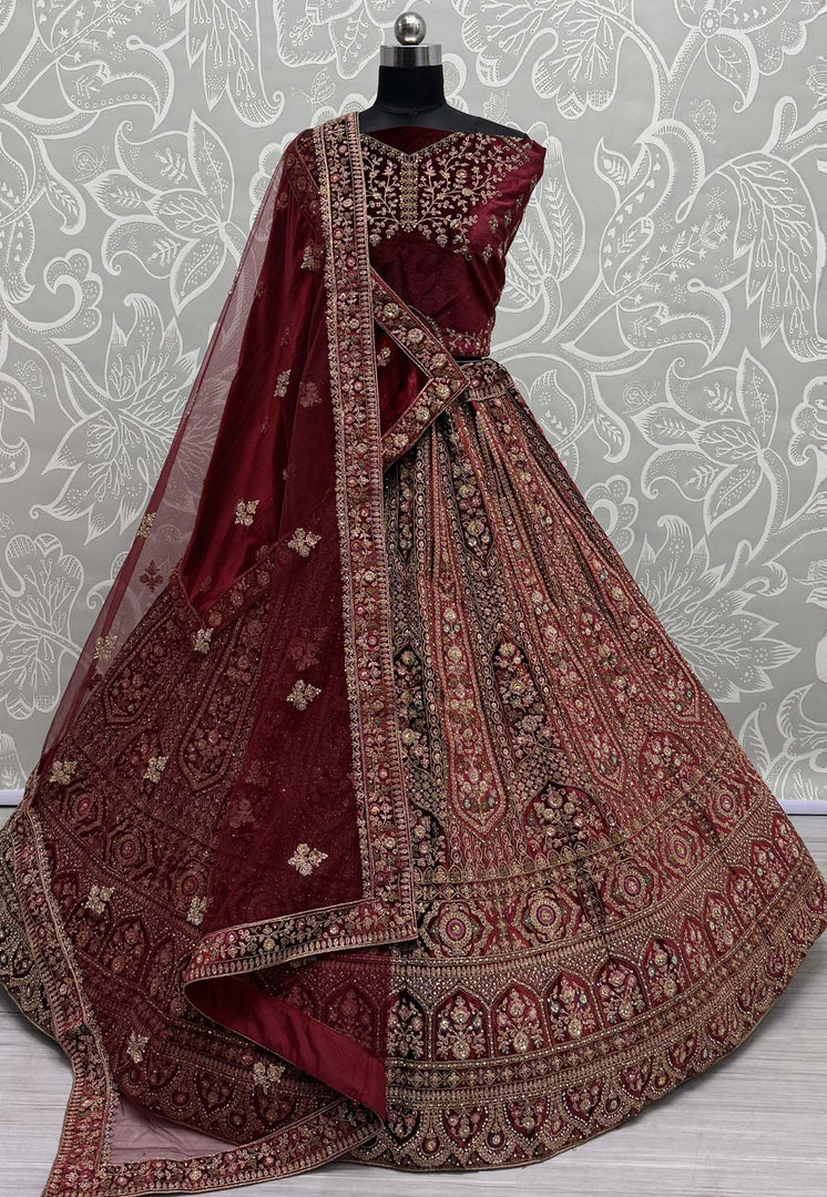 Maroon Velvet Bridal Lehenga Choli