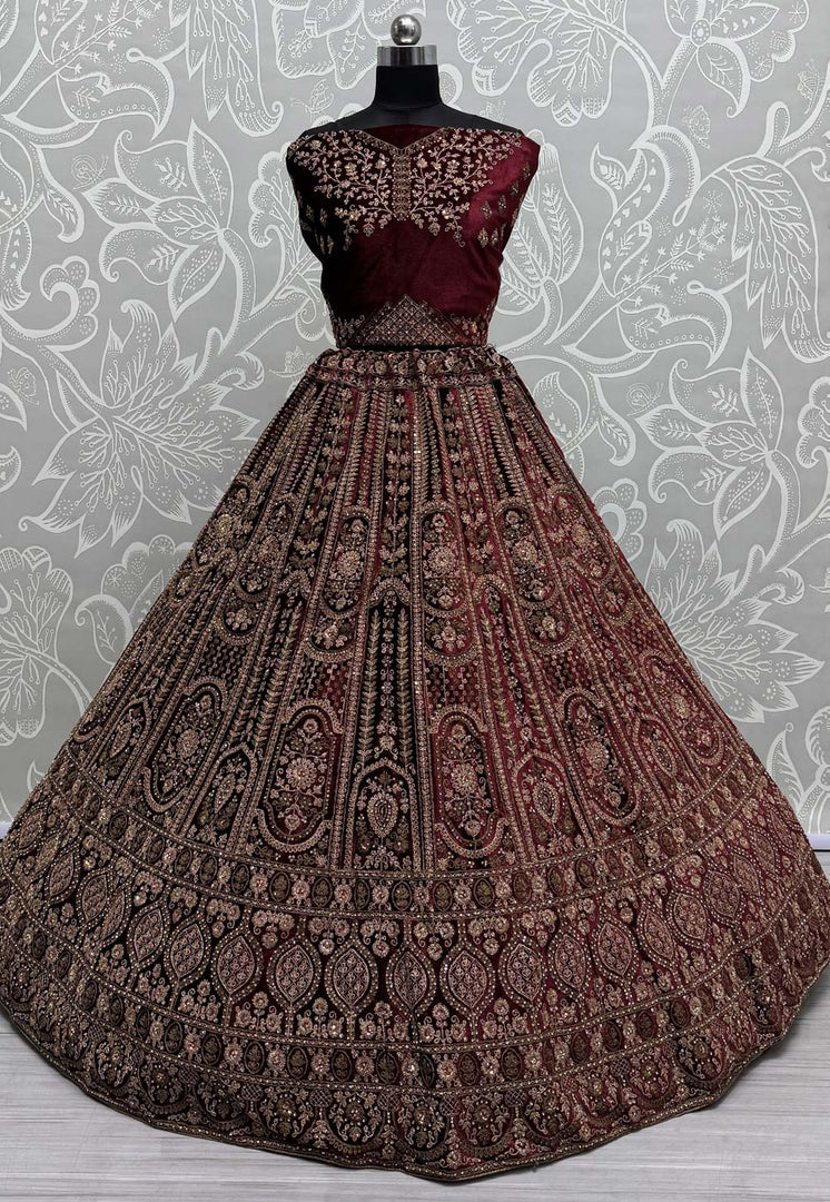 Maroon Velvet Bridal Lehenga Choli