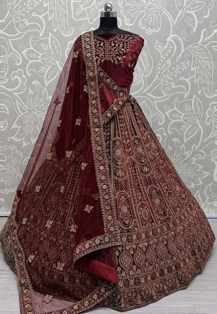 Maroon Velvet Bridal Lehenga Choli