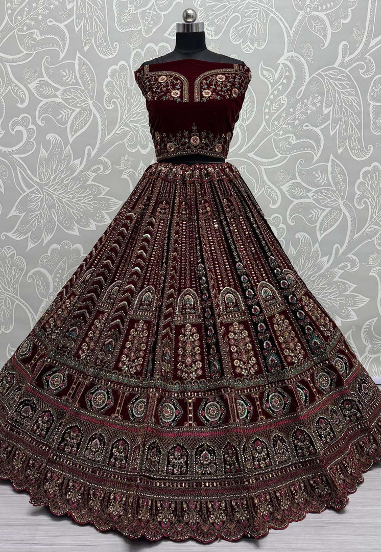 Maroon Velvet Bridal Lehenga Choli