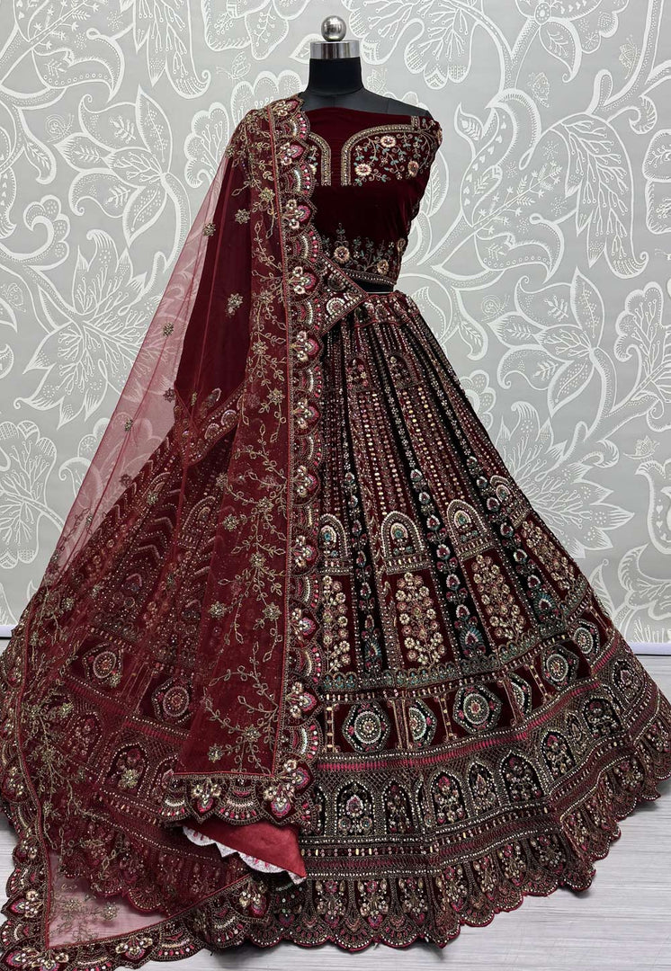 Maroon Velvet Bridal Lehenga Choli