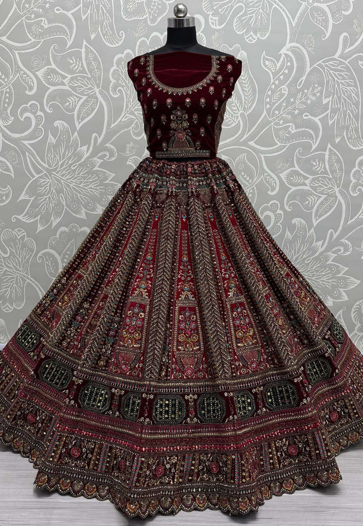 Maroon Velvet Bridal Lehenga Choli