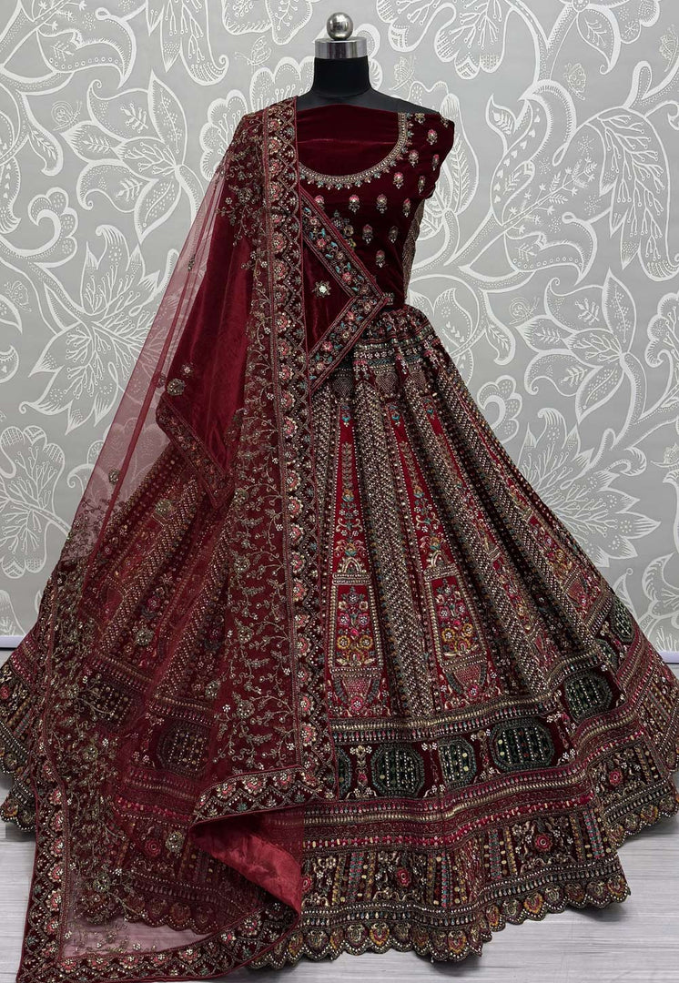 Maroon Velvet Bridal Lehenga Choli