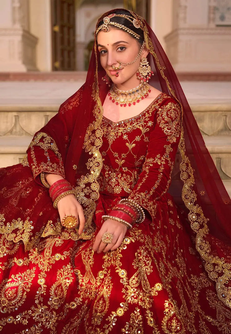 Maroon Velvet Bridal Lehenga Choli