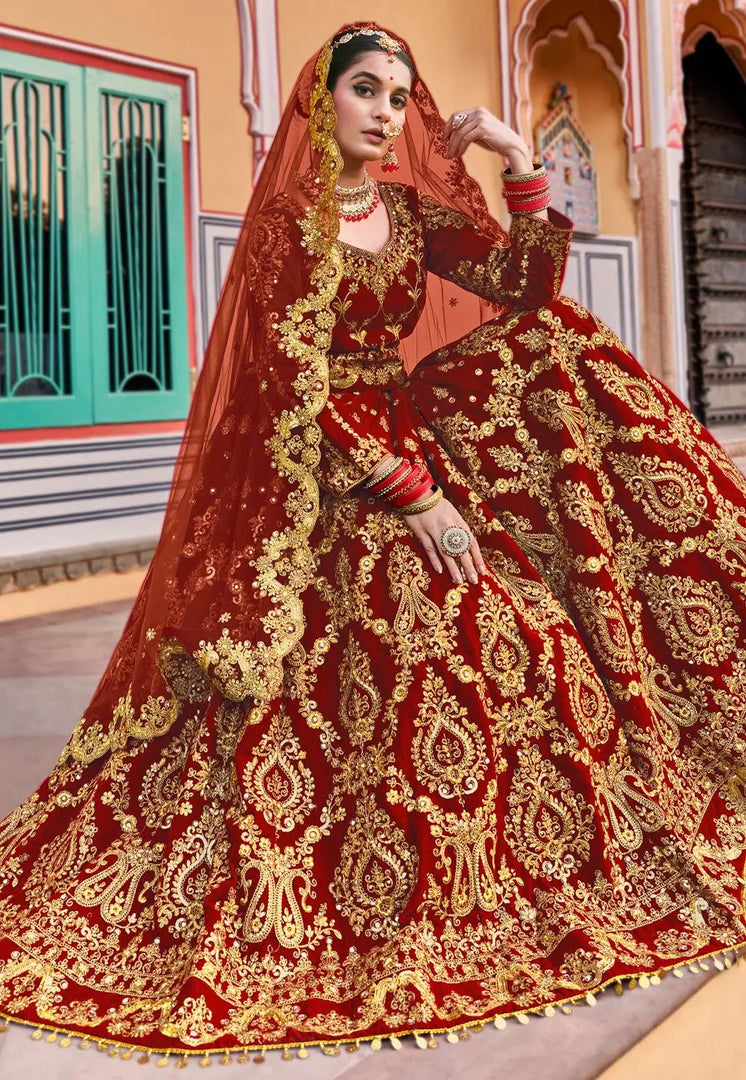 Maroon Velvet Bridal Lehenga Choli