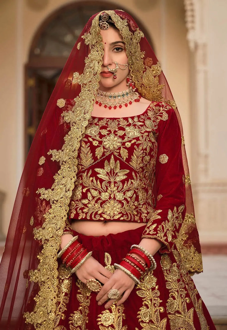 Maroon Velvet Bridal Lehenga Choli