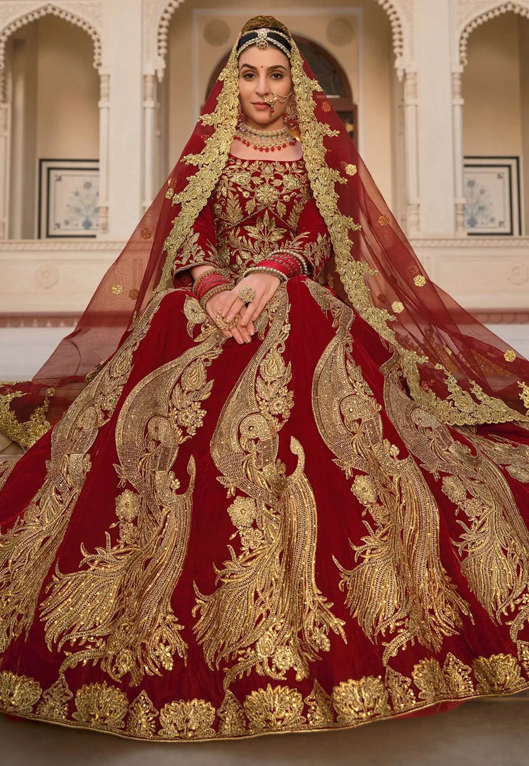 Maroon Velvet Bridal Lehenga Choli