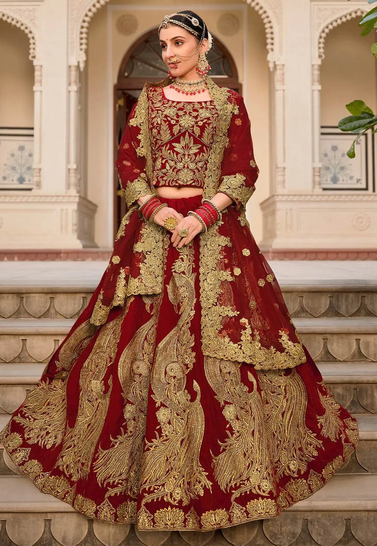 Maroon Velvet Bridal Lehenga Choli