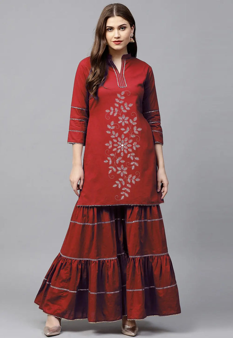 Maroon Velvet Kurta Set With Palazzo