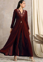Load image into Gallery viewer, Maroon Velvet Kurta Set With Pent
