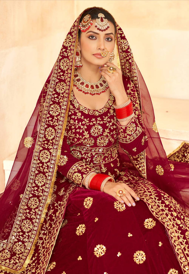 Maroon Velvet Long Choli Lehenga