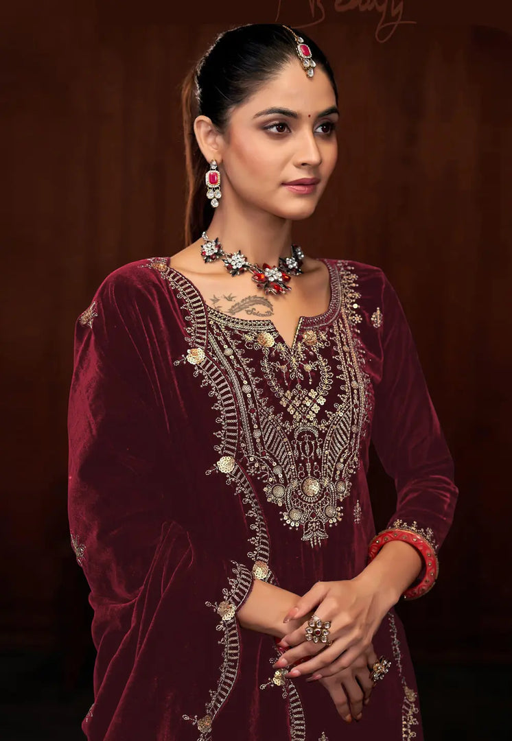Maroon Velvet Pakistani Suit