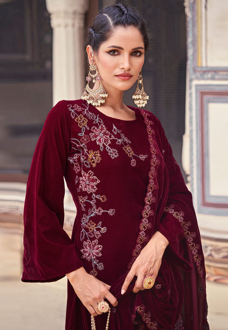 Maroon Velvet Palazzo Suit