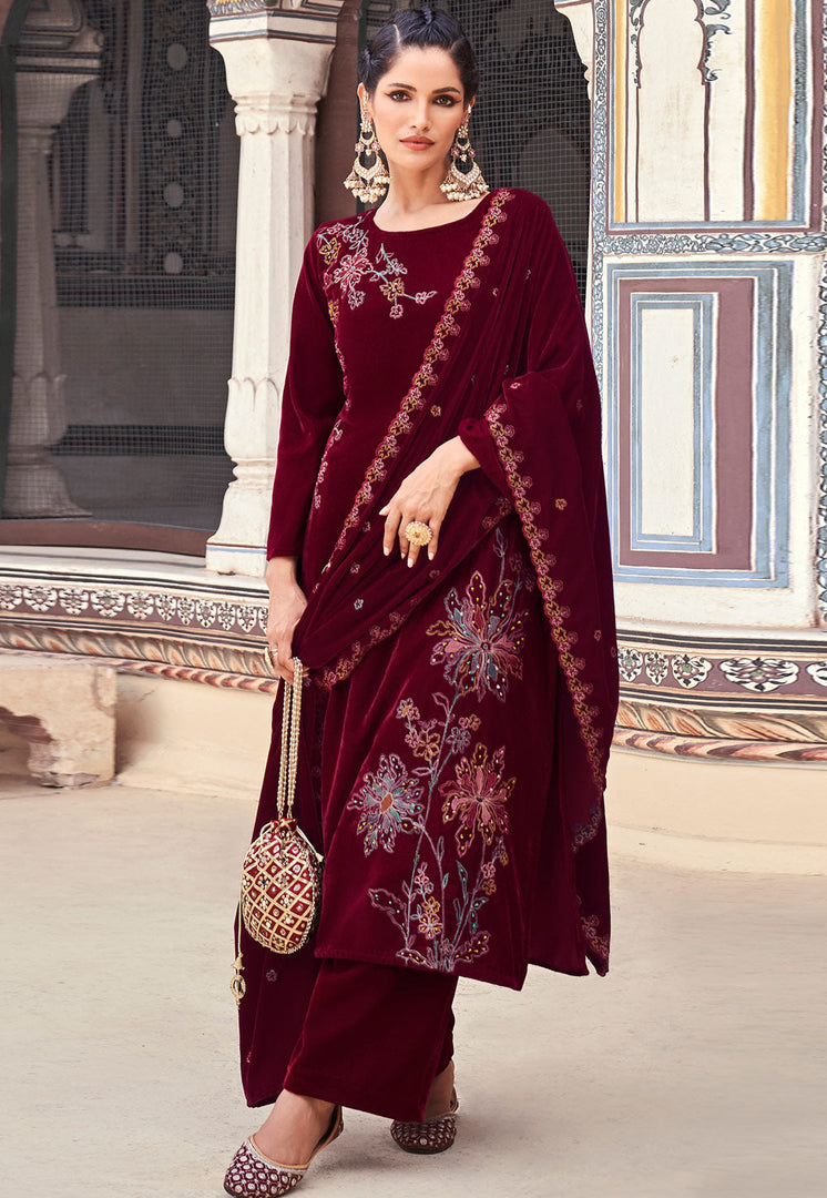 Maroon Velvet Palazzo Suit