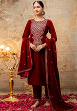 Load image into Gallery viewer, Maroon Velvet Readymade Pakistani Suit
