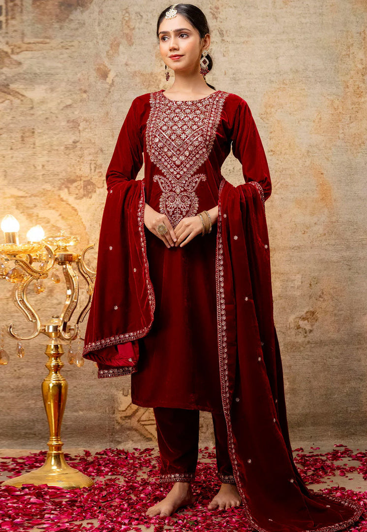Maroon Velvet Readymade Pakistani Suit