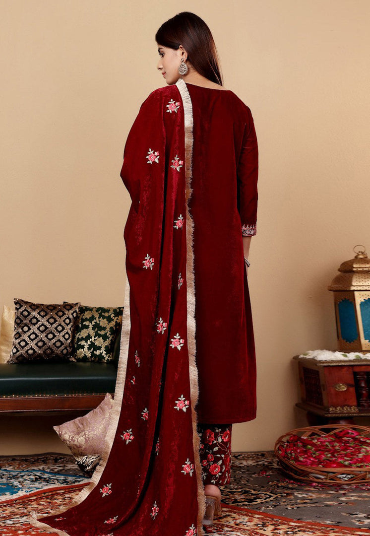 Maroon Velvet Readymade Pakistani Suit