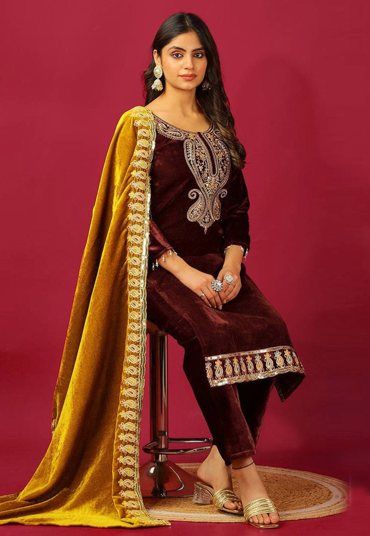 Maroon Velvet Readymade Pakistani Suit