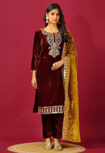 Load image into Gallery viewer, Maroon Velvet Readymade Pakistani Suit
