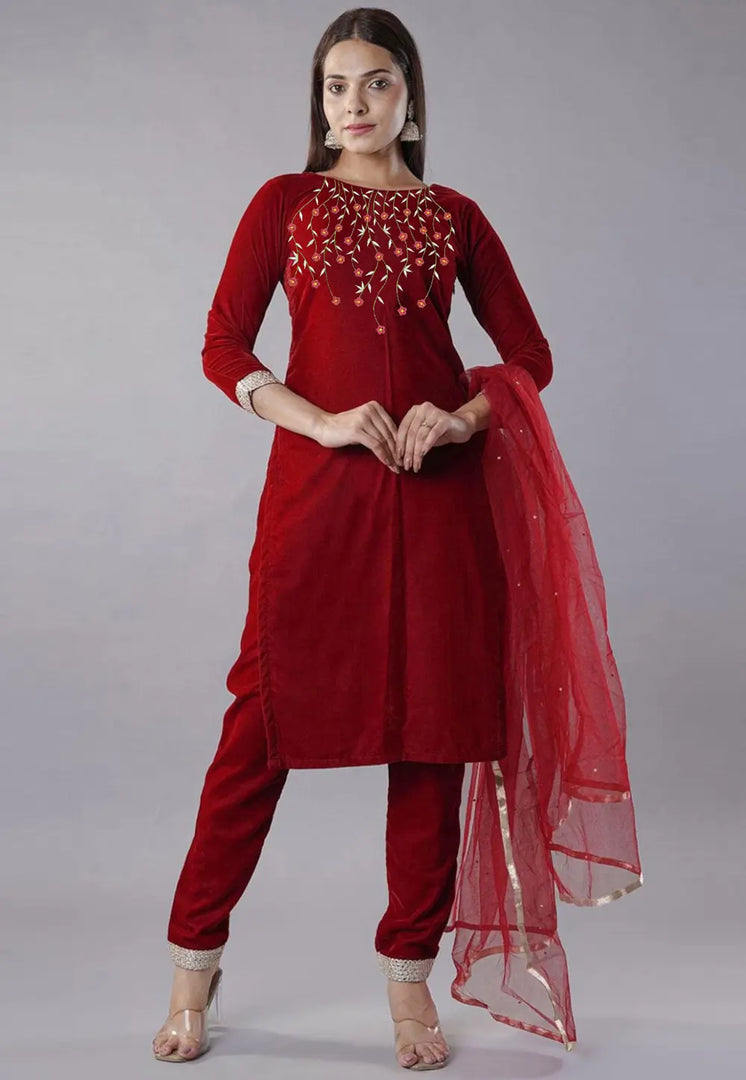 Maroon Velvet Readymade Pakistani Suit