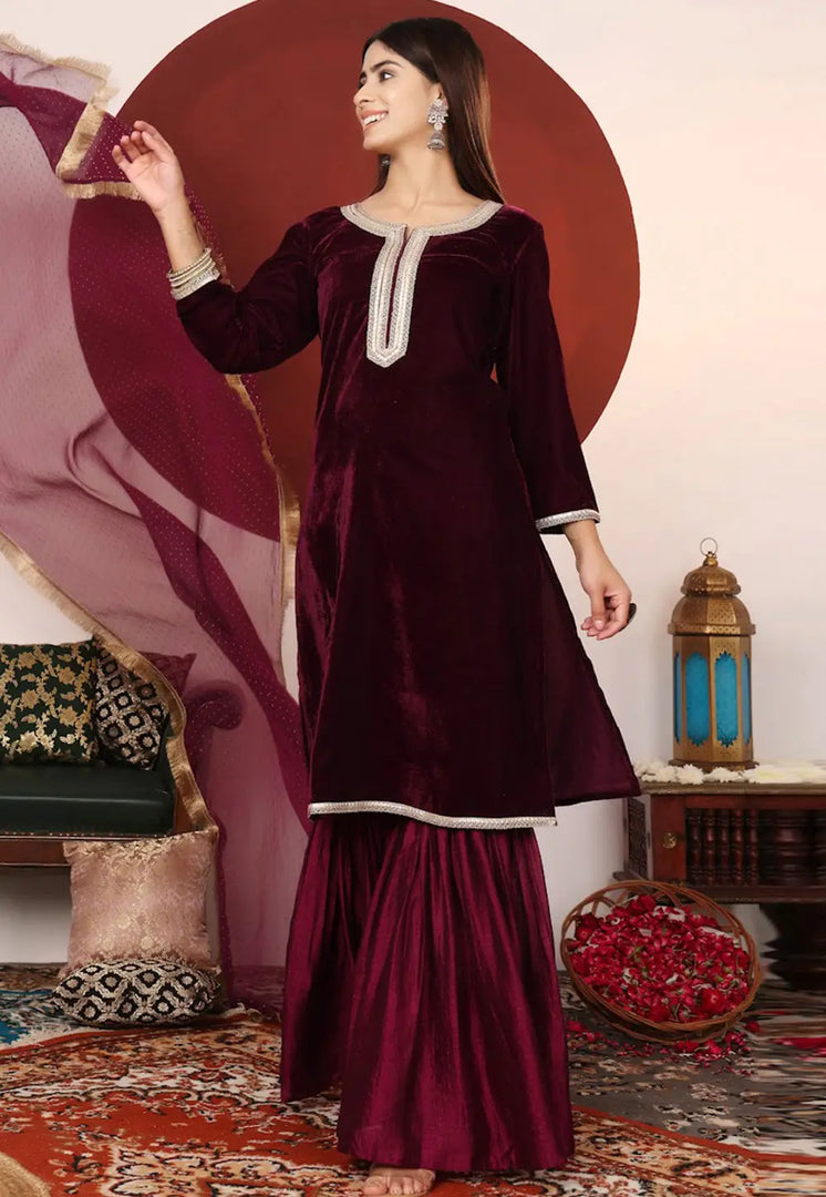 Maroon Velvet Readymade Sharara Suit