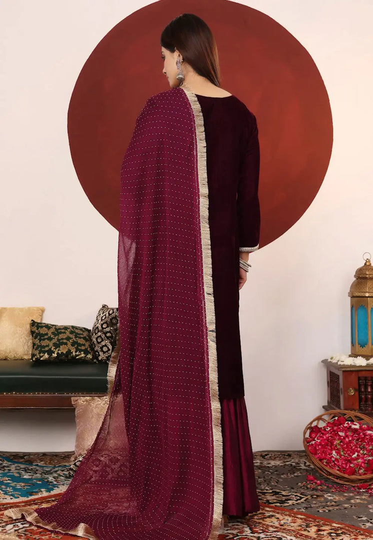 Maroon Velvet Readymade Sharara Suit