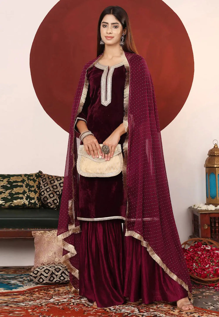 Maroon Velvet Readymade Sharara Suit