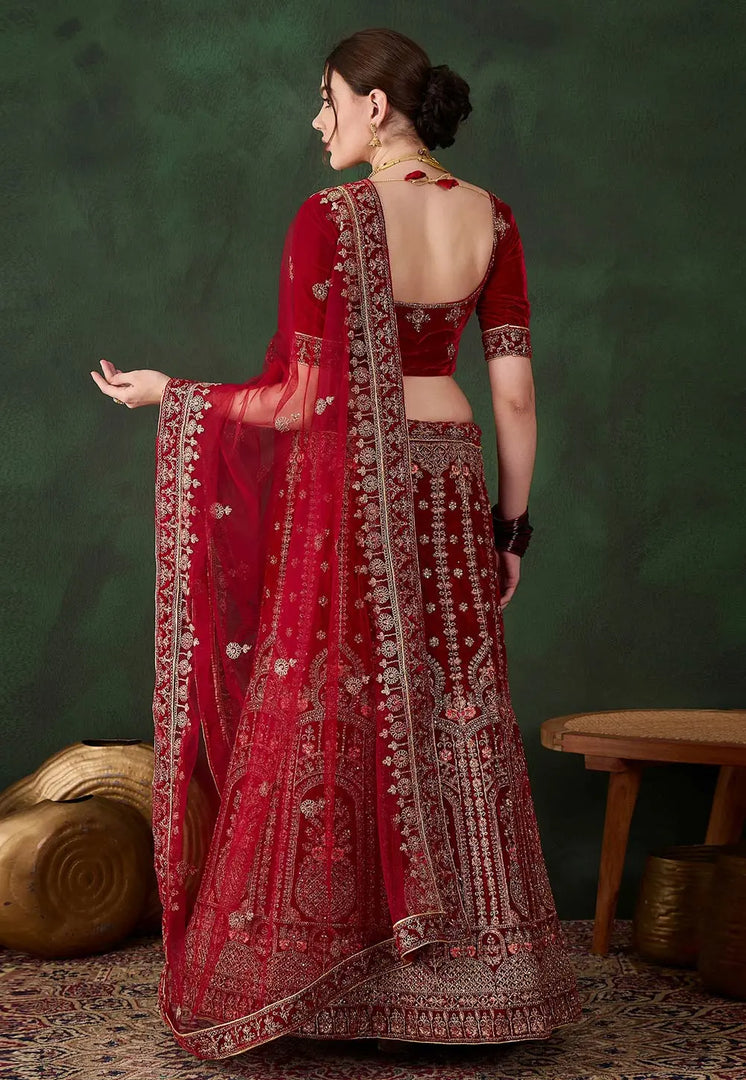 Maroon Velvet Wedding Lehenga Choli