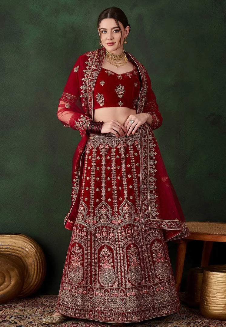 Maroon Velvet Wedding Lehenga Choli