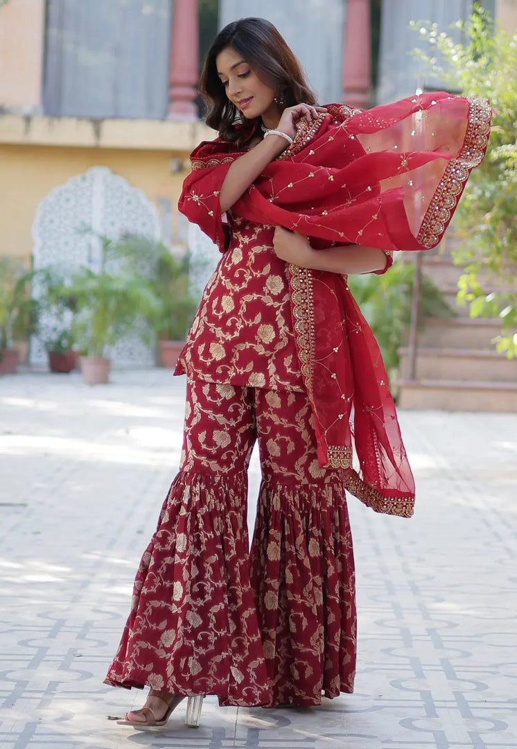 Maroon Viscose Georgette Readymade Sharara Suit