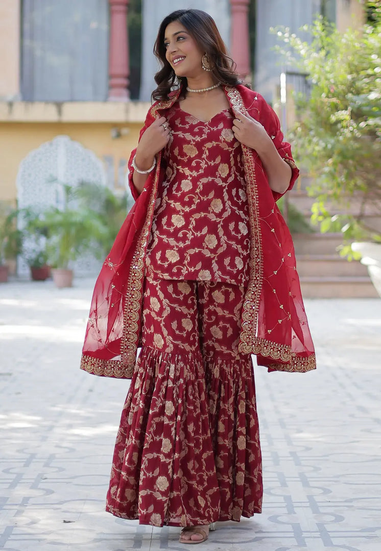 Maroon Viscose Georgette Readymade Sharara Suit